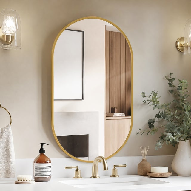 Miroir Mural Ovale 75 x 50 cm,Grand Miroir Salle de Bain avec Cadre en Alliage d’aluminium et Verre Trempé pour Chambre,Salon,Réflexion Claire,Doré