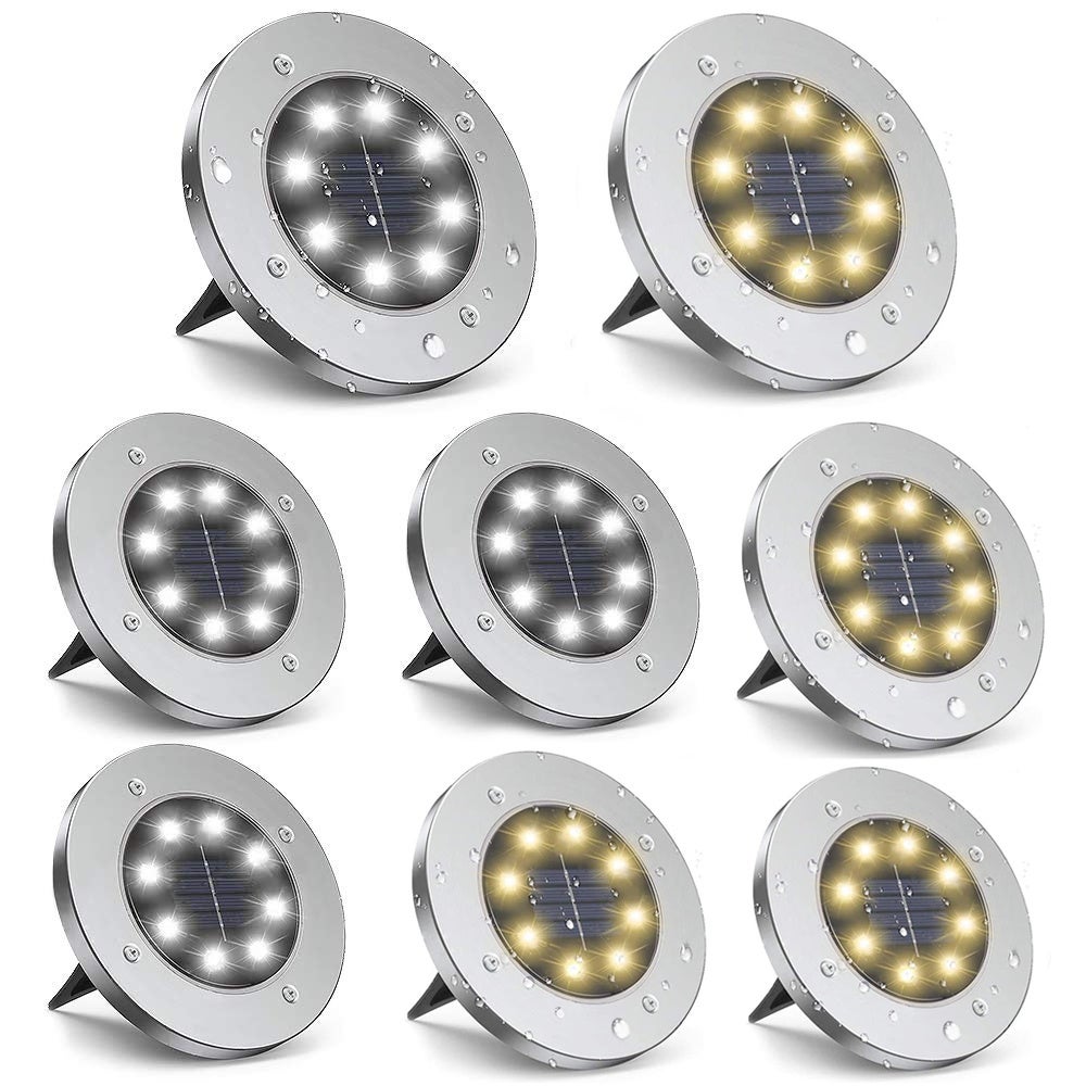 Zestaw 8 lamp solarnych 16 LED do użytku zewnętrznego, wpuszczany reflektor do ogrodu, na trawnik, podwórko, dekoracja, ciepły kolor + biel