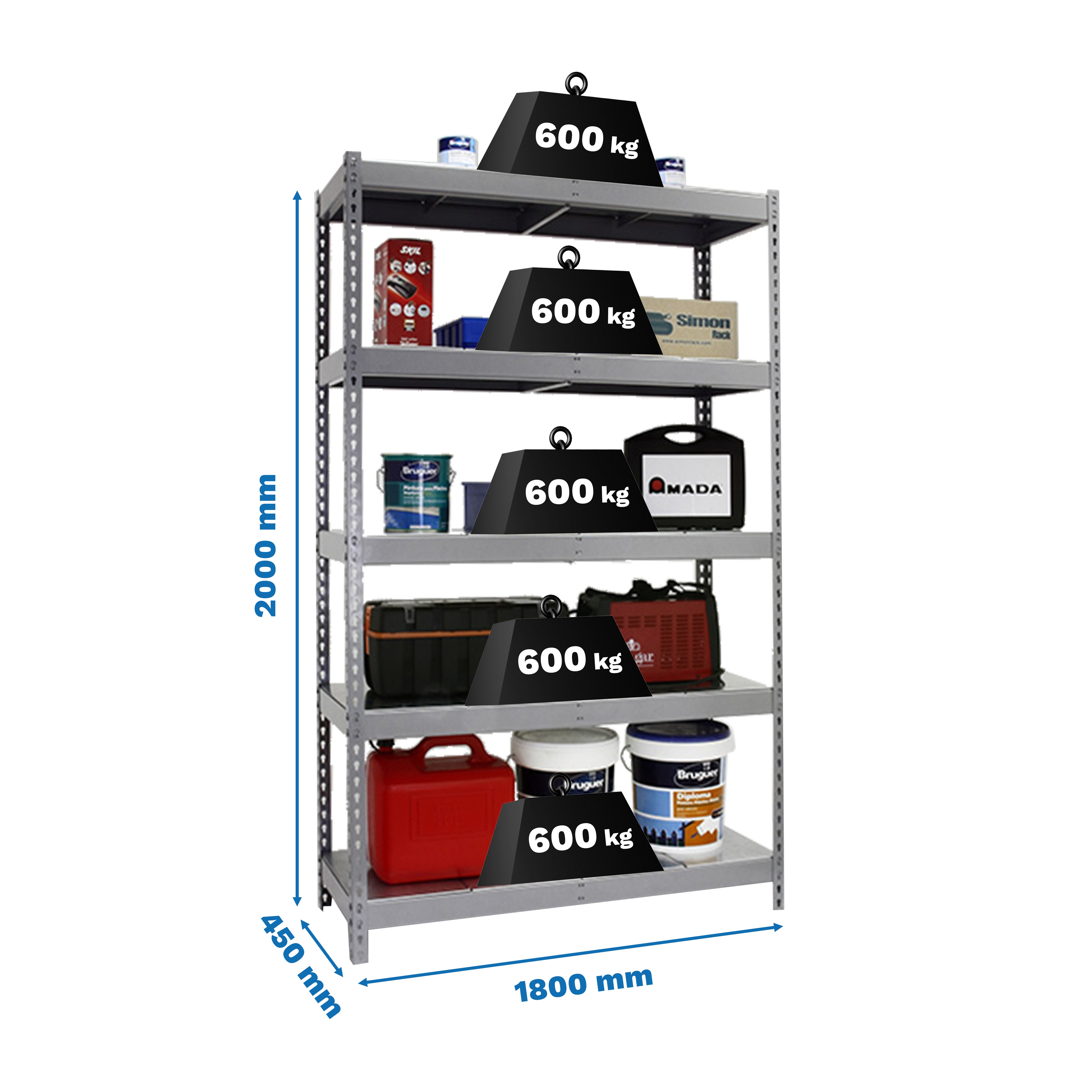 SimonRack Rayonnage Industriel 2000x1800x450 mm, 5 Niveaux Métal, 600 ...