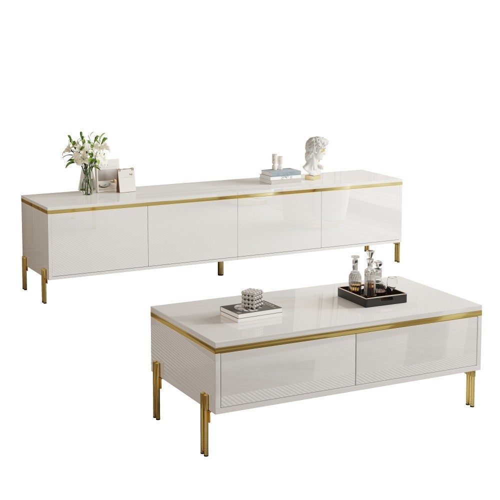 Leroy Merlin Conjunto de mueble tv y mesa de centro moderna de estilo lujo con acabado brillante, amplios espacios de almacenaje y patas metálicas 