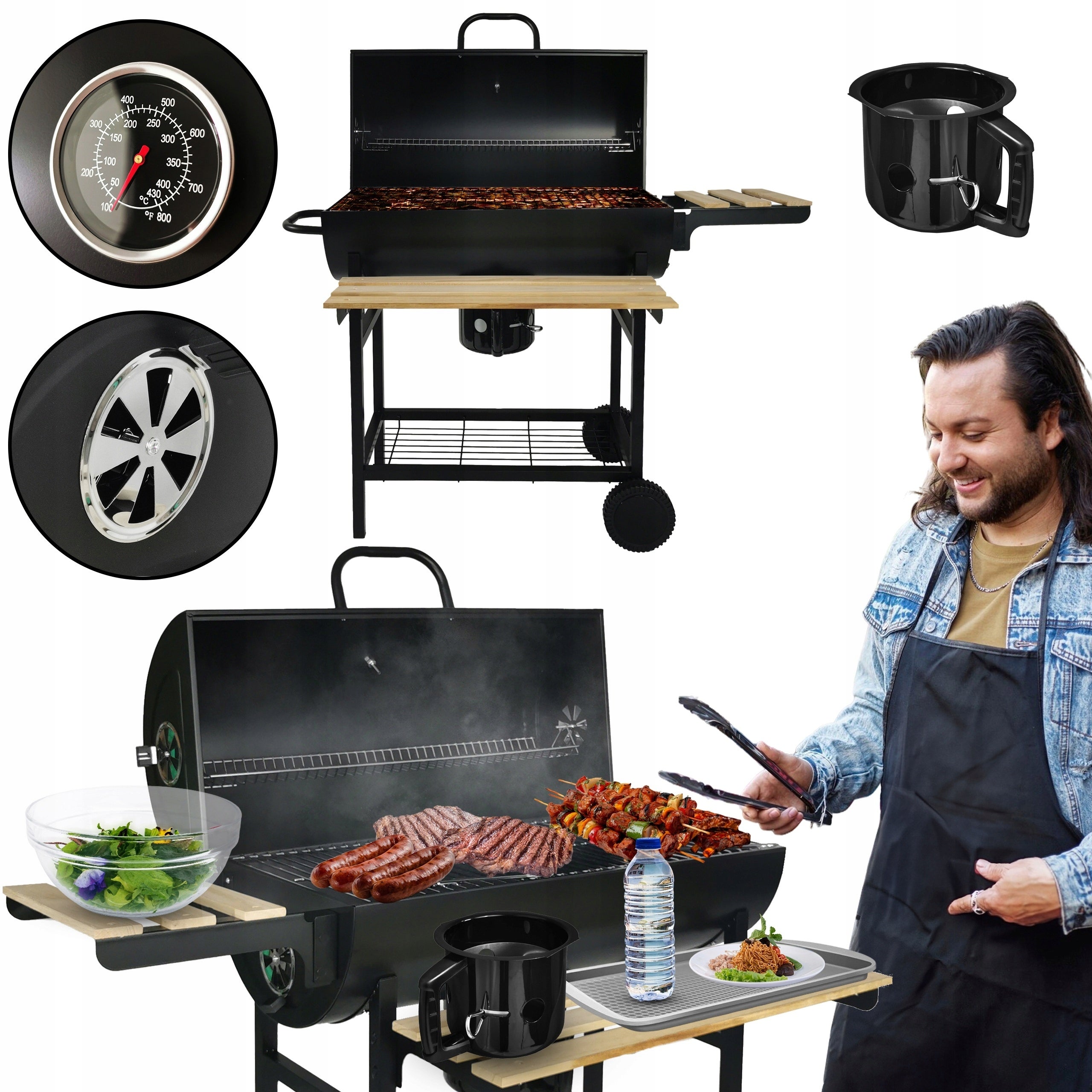 Grill węglowy ogrodowy 2 ruszty na kółkach termometr półki bbq1008