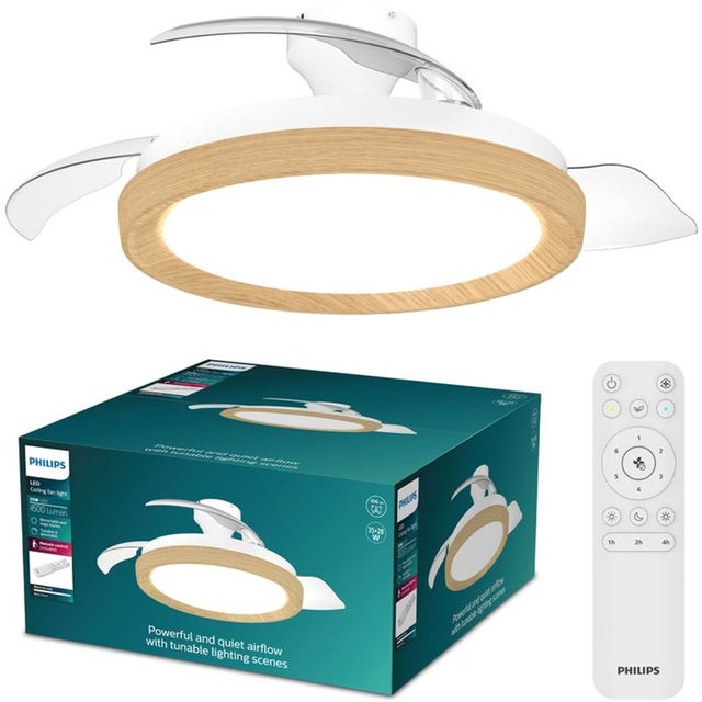Ventilateur de plafond LED BLISS bois 28W+35W 4500lm CCT réglable DC télécommande IP20 Ø106cm