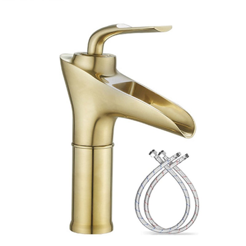 Kran umywalkowy do łazienki z wodospadem, z pojedynczym otworem i krótką wylewką, w kolorze szczotkowanego złota, z ciepłą i zimną wodą