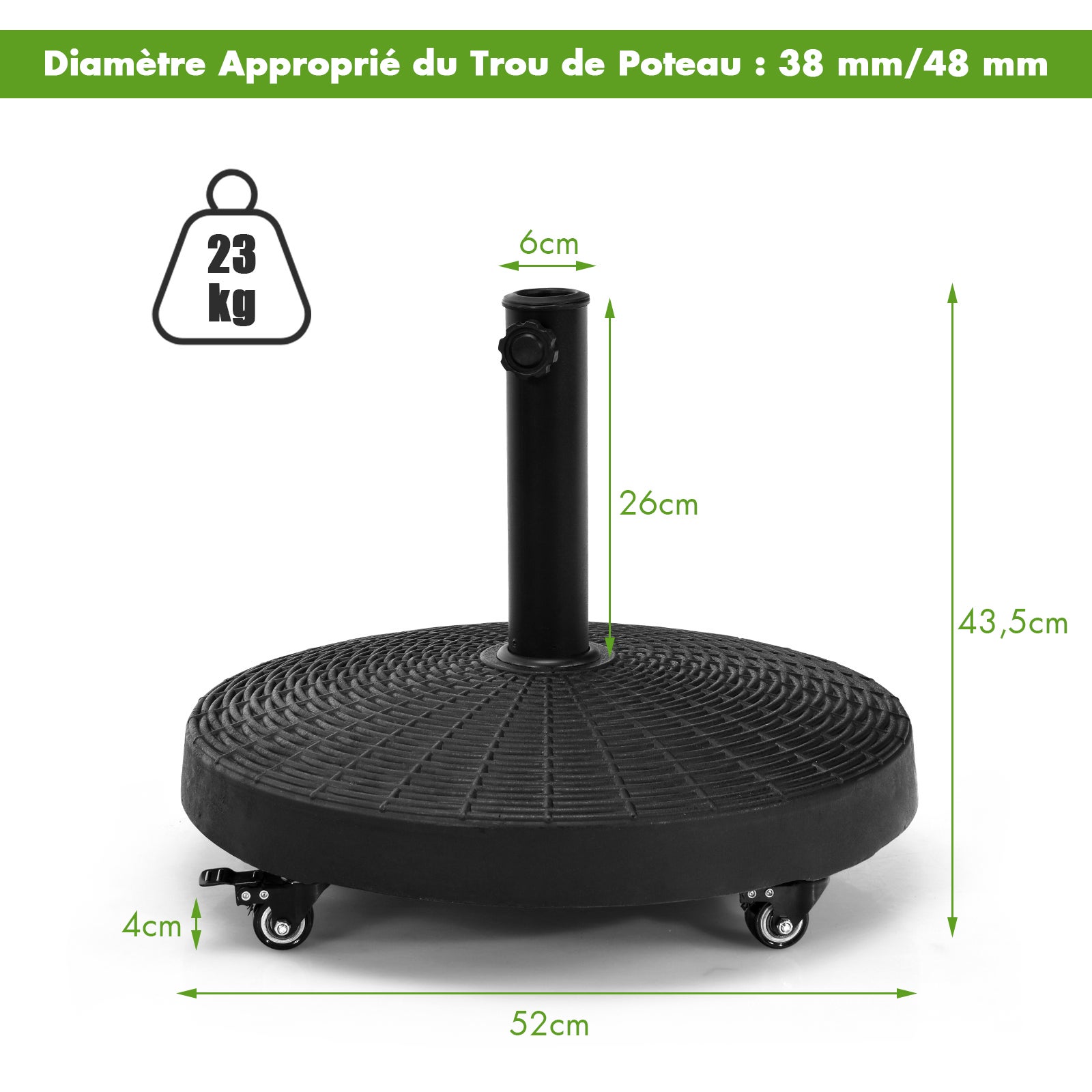Pied de Parasol sur Roulettes φ52CM 23KG, Socle Parasol Extérieur en Résine avec Bouton Rotatif, Résistant aux Intempéries, pour Poteaux 38/48 mm - 3