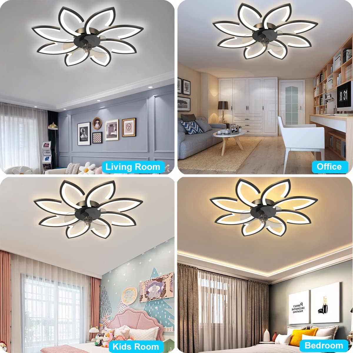 Ventilateur de plafond avec lumières, plafonnier LED à intensité variable 3 couleurs, télécommande et application, 6 vitesses, minuterie, 90 cm - 6