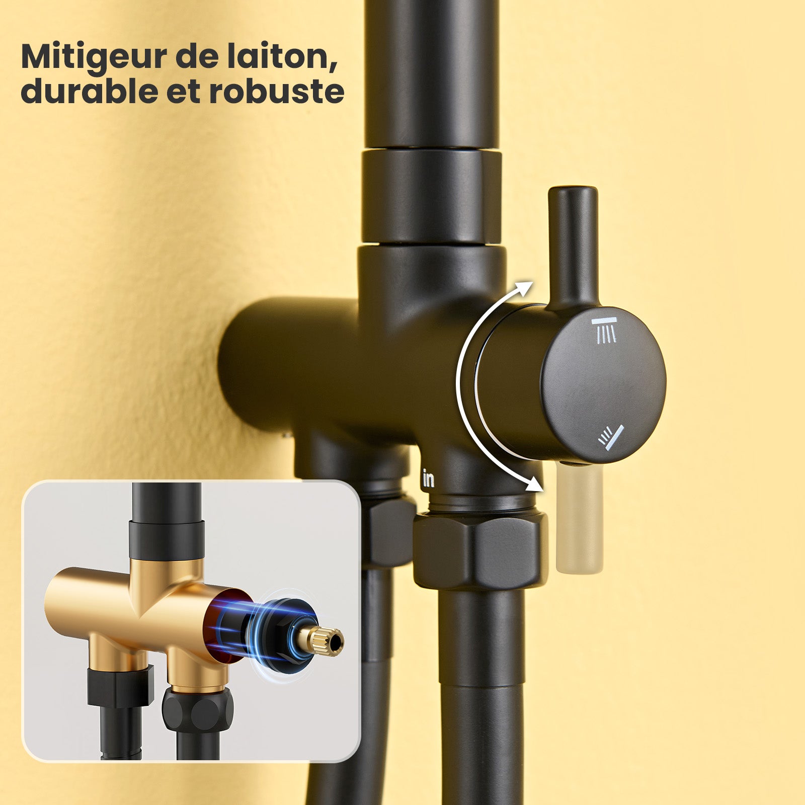 Colonne Douche Sans Robinet en Inox Noir- Ensemble Mural Réglable Avec Pommeau Effet Pluie Rond(25*25 CM),Douchette 4 Fonctions/Étagère - 4