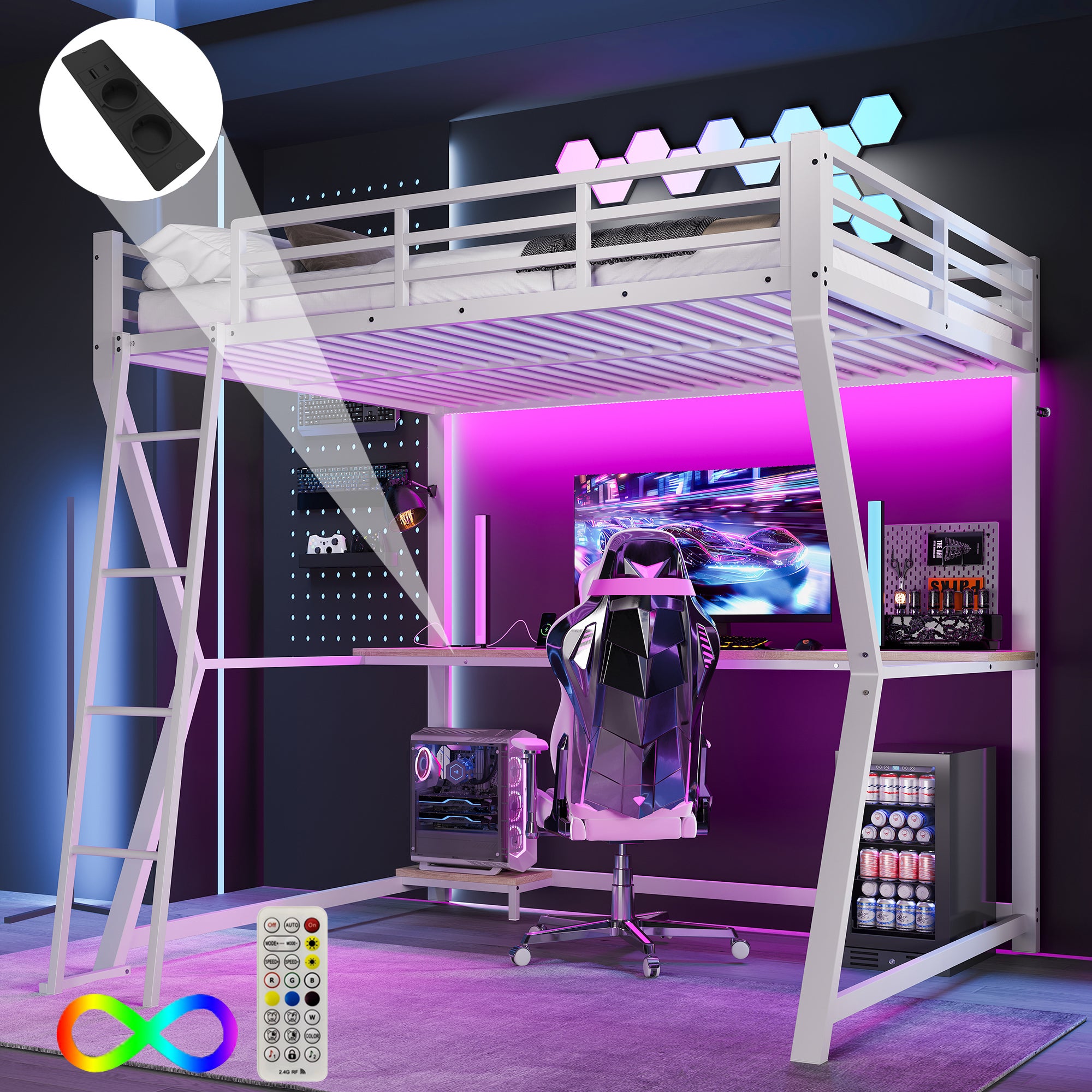 Merax  Cama Alta De 140 X 200 Cm Con Escritorio, Toma De Carga Y Usb, Metal Y Mdf, Leds, (Sin Colchón) Blanco , Leroy Merlin