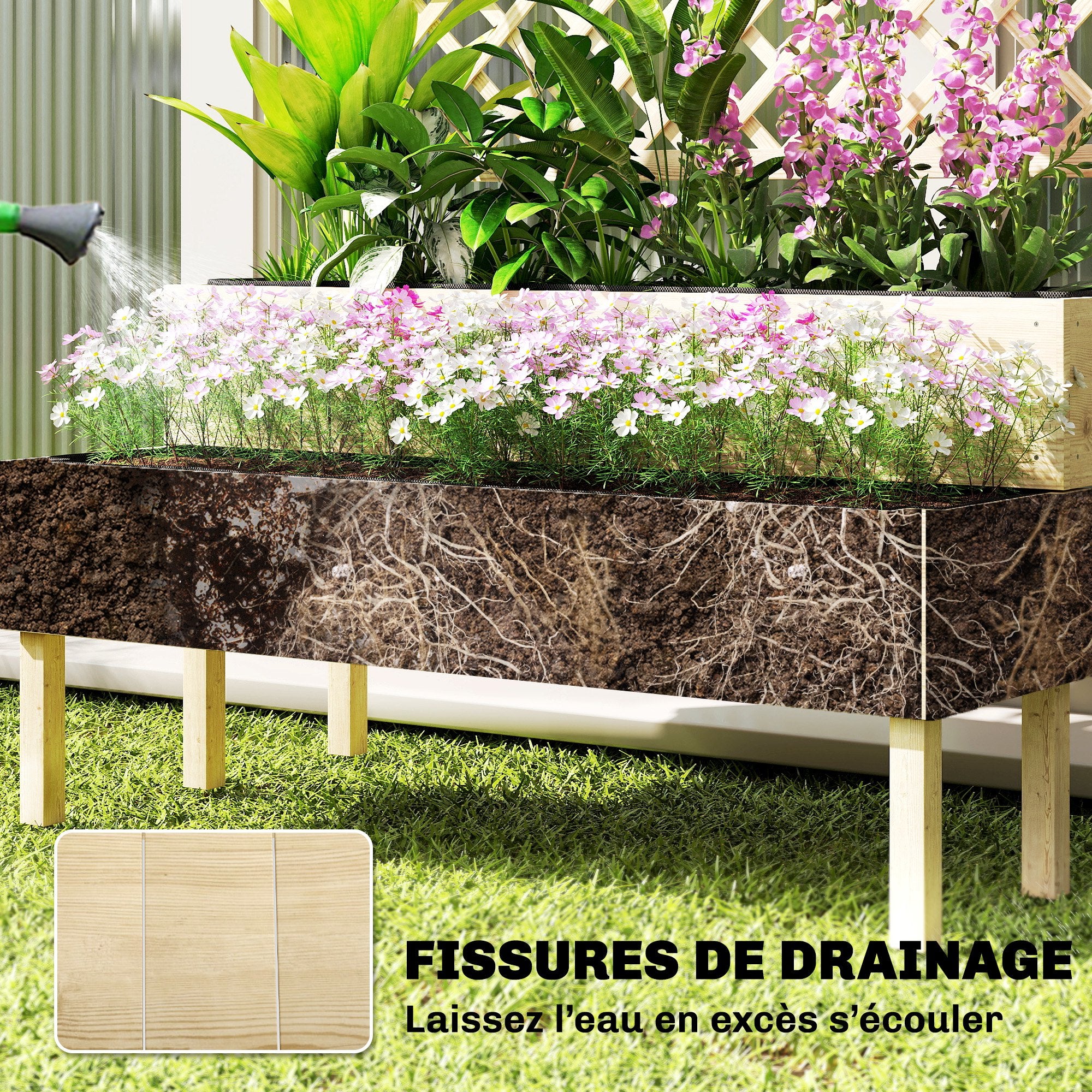 Jardinière surélevée à 2 niveaux avec treillis, jardinière intégrée, revêtement en tissu non tissé, 108 x 62 x 120 cm, effet naturel - 8