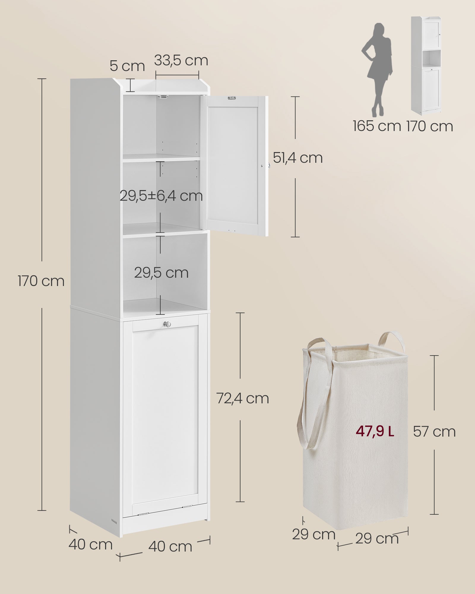 Meuble de Salle de Bain, Panier à Linge, 1 Tiroir, Blanc Nuage - 5