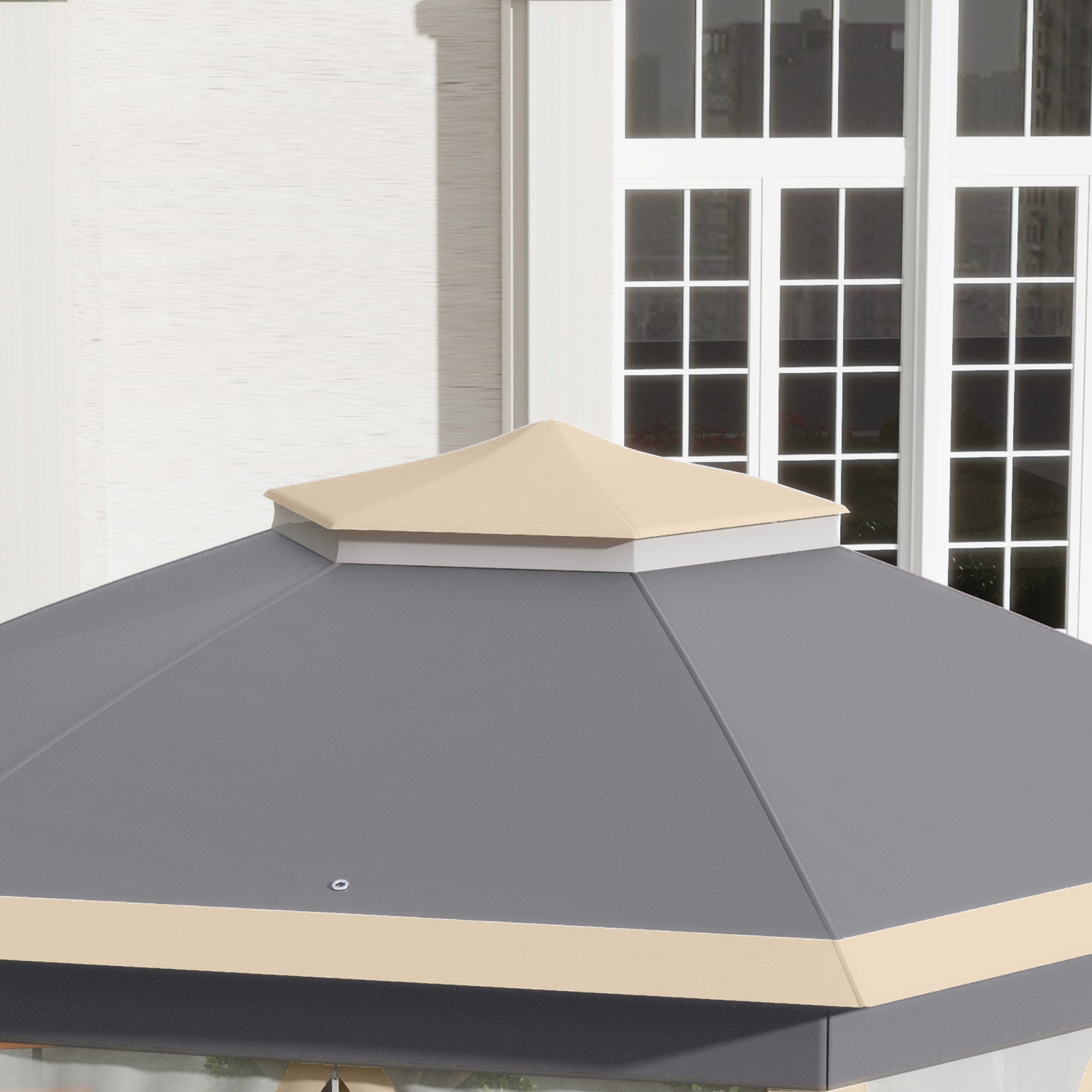 Pavillon Hexagonal 4x4m Imperméable UV - Double Toit, Structure Métal, Sac de Transport Beige/Khaki - 7