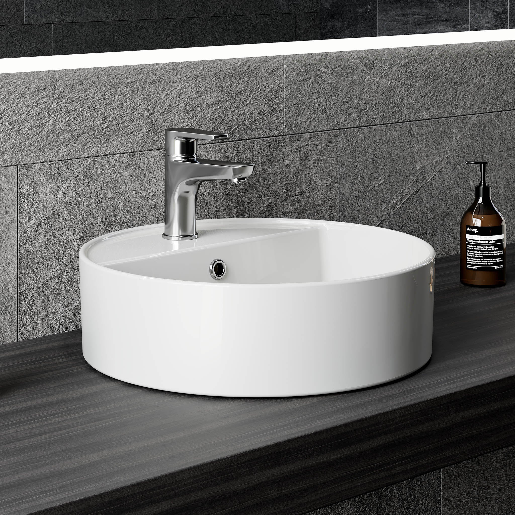 HOROW Vasque à poser, 42 cm Rond Lavabo à poser, blanc, Vasque lave mains avec trou pour robinet et trou de trop-plein - 3