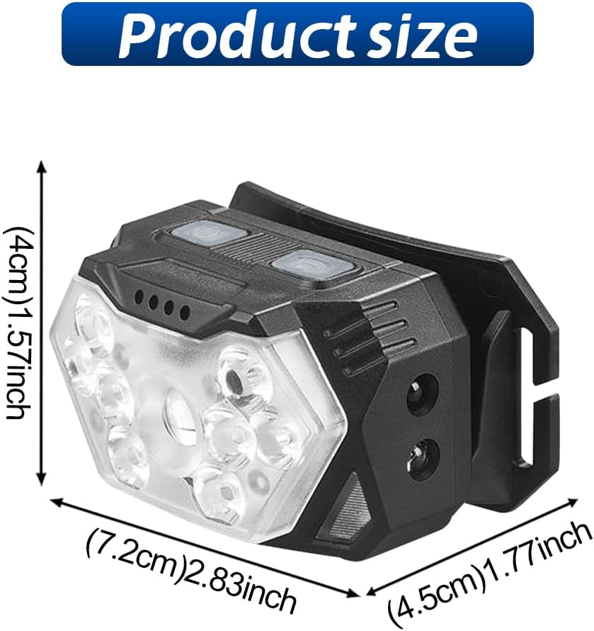 Lampe Frontale Rechargeable Ultra Puissante 230° LED COB – Éclairage Grand Angle Avec Capteur Mouvement, IPX4 Étanche, Légère 90g, USB-C, Idéale Pêche Camping Randonnée Course