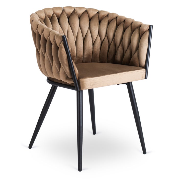 Krzesło Tapicerowane Welur Glamour ELENA Plecione Beżowe Do Salonu Jadalni