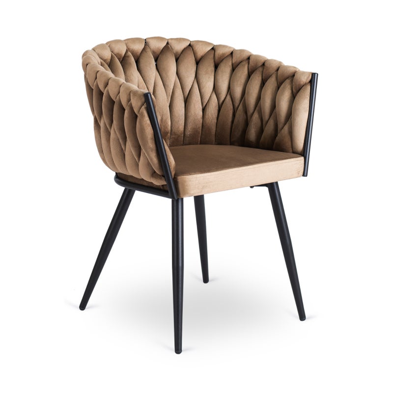 Krzesło Tapicerowane Welur Glamour ELENA Plecione Beżowe Do Salonu Jadalni