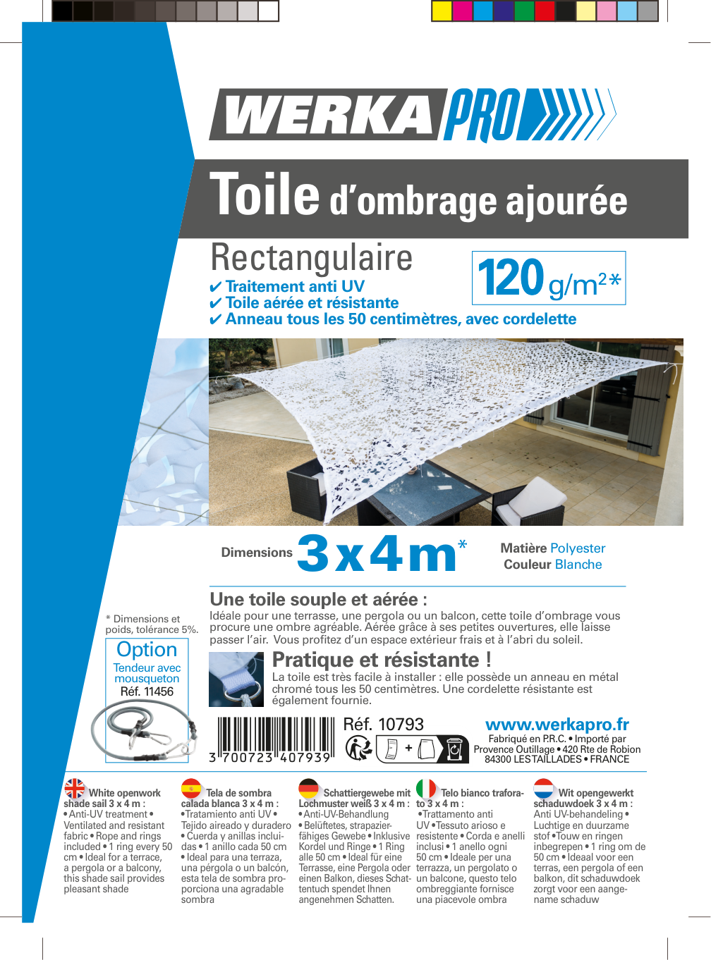Voile ombrage ajouree WERKA PRO 3m x 4m m blanche anti UV - 6