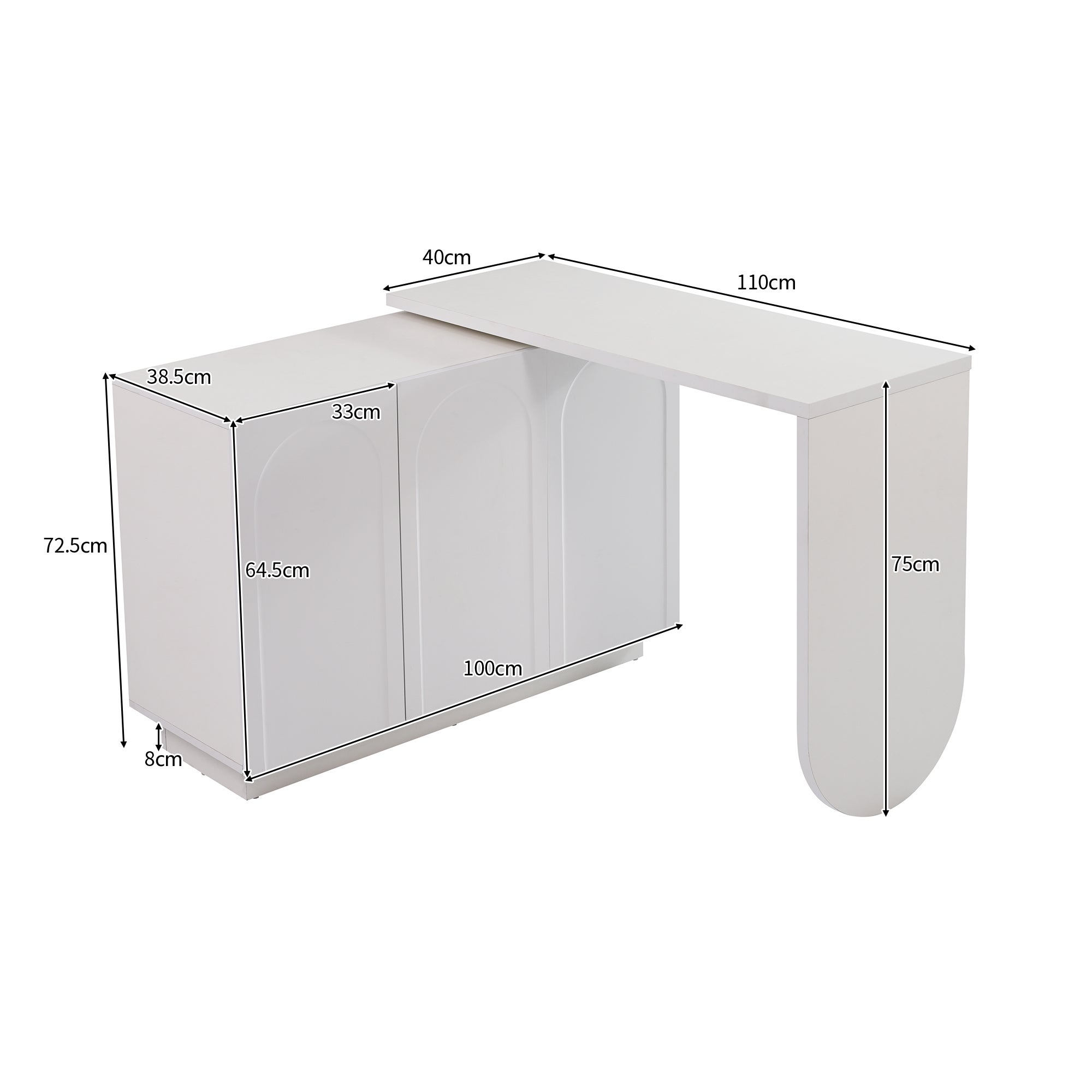 Bureau d'angle 110x40x75 cm, rotatif, pliable 360 degrés avec 3 portes, MDF blanc - 3