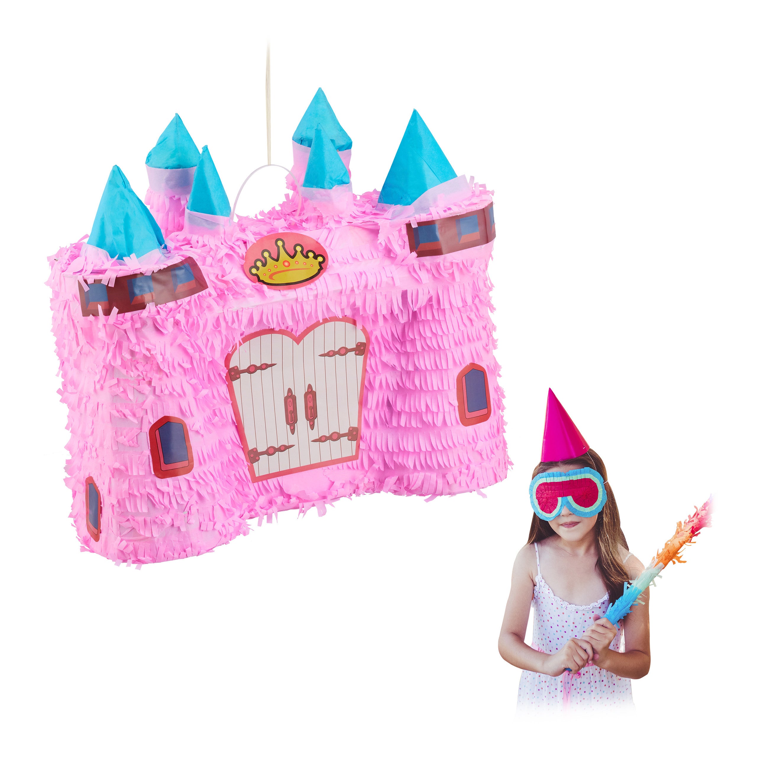 Relaxdays piñata castillo, piñata infantil de cuentos para rellenar, cumpleaños niña, piñata princesa para golpear, rosa