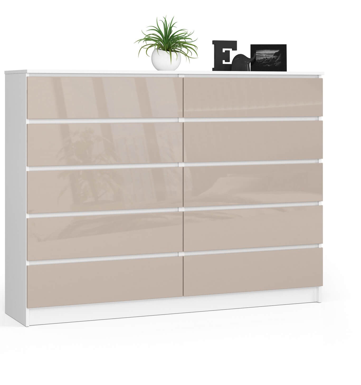 Komoda: 10 szuflad, biała | cappuccino sparkle, 160 x 121 x 40 cm