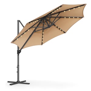 Parasol de Jardin 300 cm, 28 LED Solaires, UPF 50+, Pivotant à 360°, Inclinaison Fluide, Manivelle, avec Base en Croix, Marron Chameau