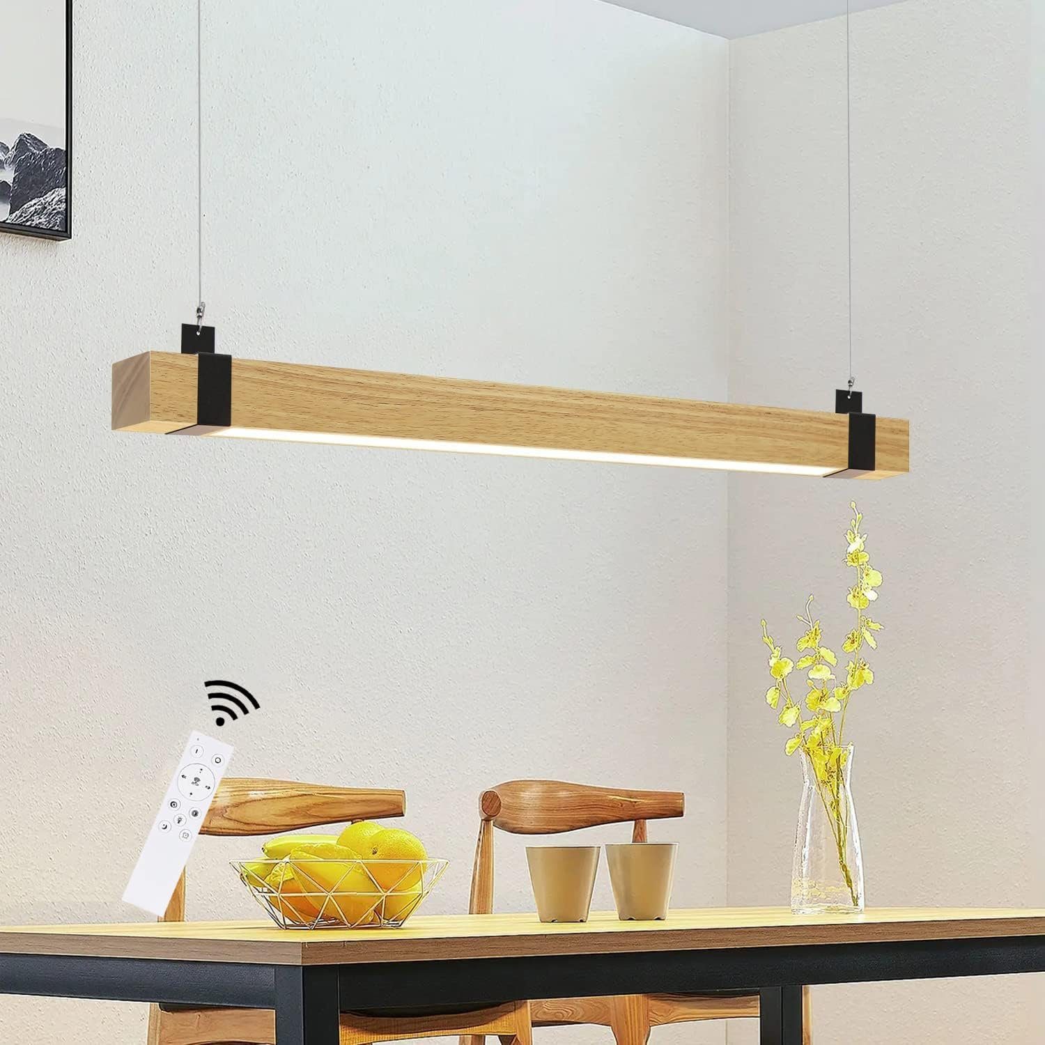 Suspension LED En Bois Dimmable 100 Cm - Réglable En Hauteur, Télécommande - Pour Salle à Manger, Bureau, Salon