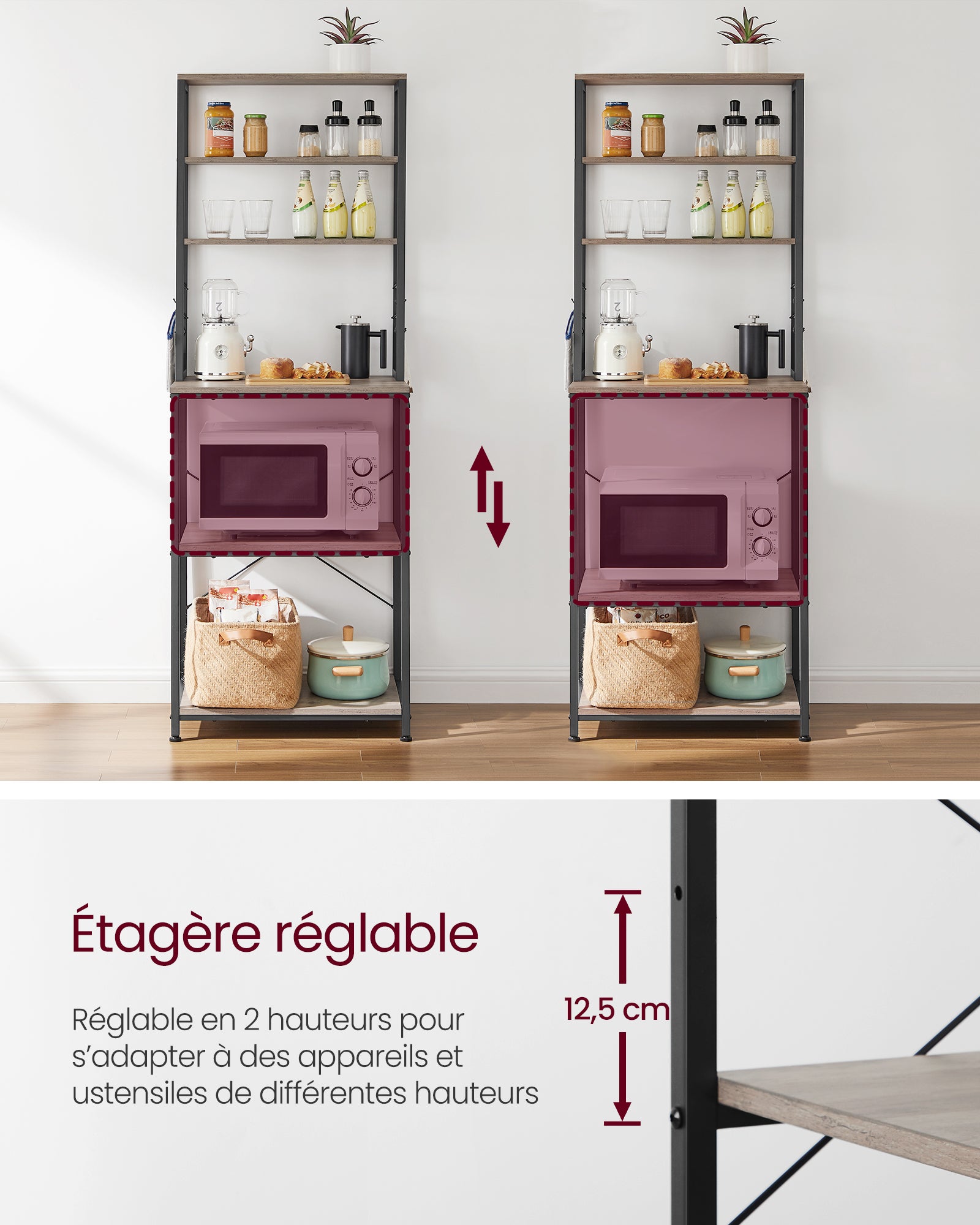 Étagère de Cuisine, 6 Étagères et 6 Crochets, pour Four à Micro-Ondes, Style Industriel, 40 x 60 x 167 cm, Gris et Noir - 6