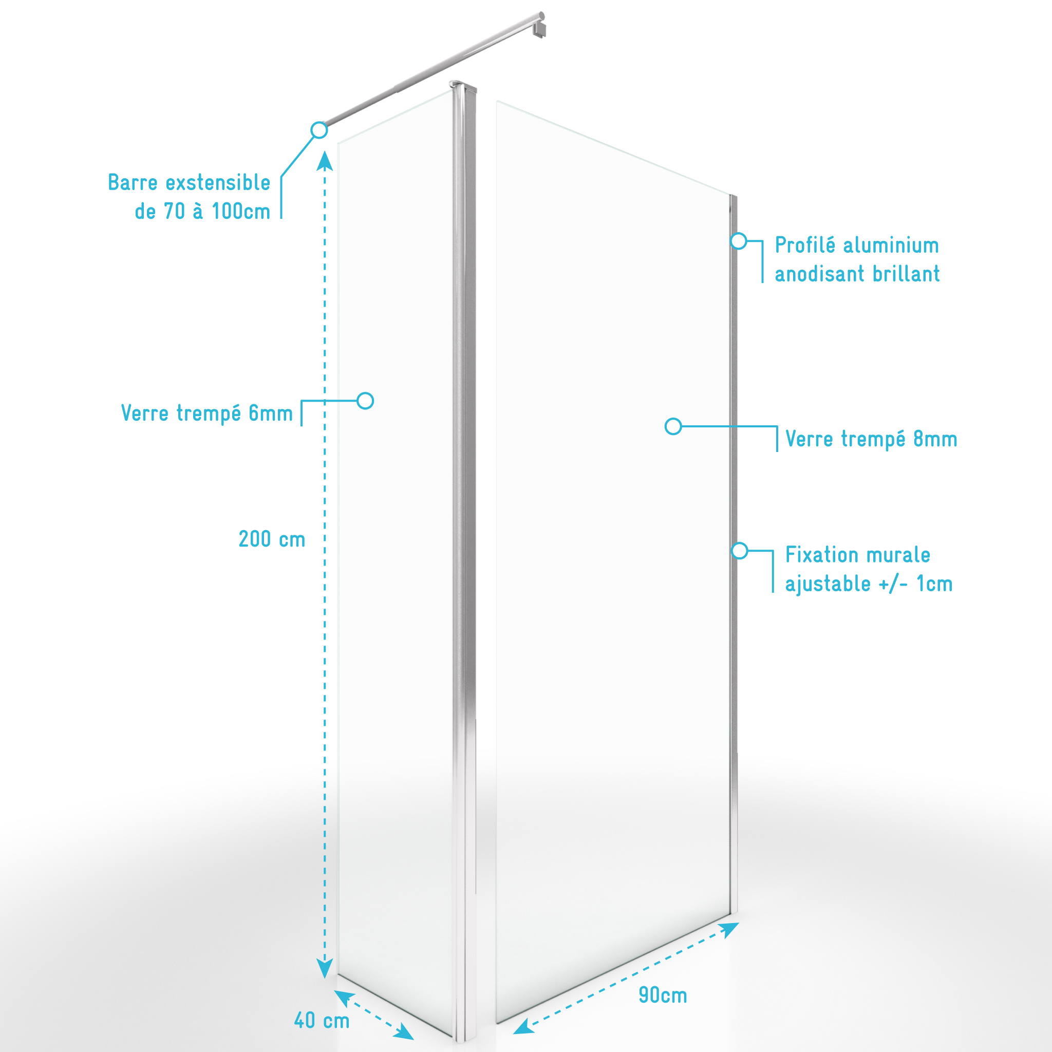 Mampara 90+40x200 transparente + Deflector + Perfil + Barra - 4
