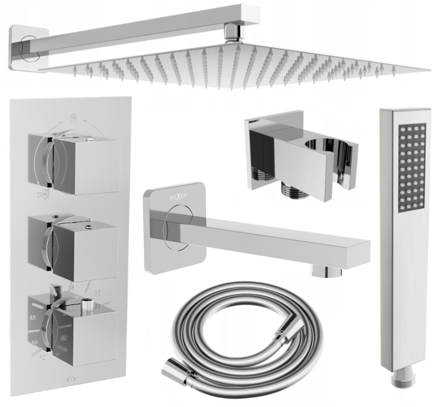 Mexen Cube DR02 zestaw wannowo-prysznicowy podtynkowy z deszczownicą 30 cm, chrom - 77503DR0230-00