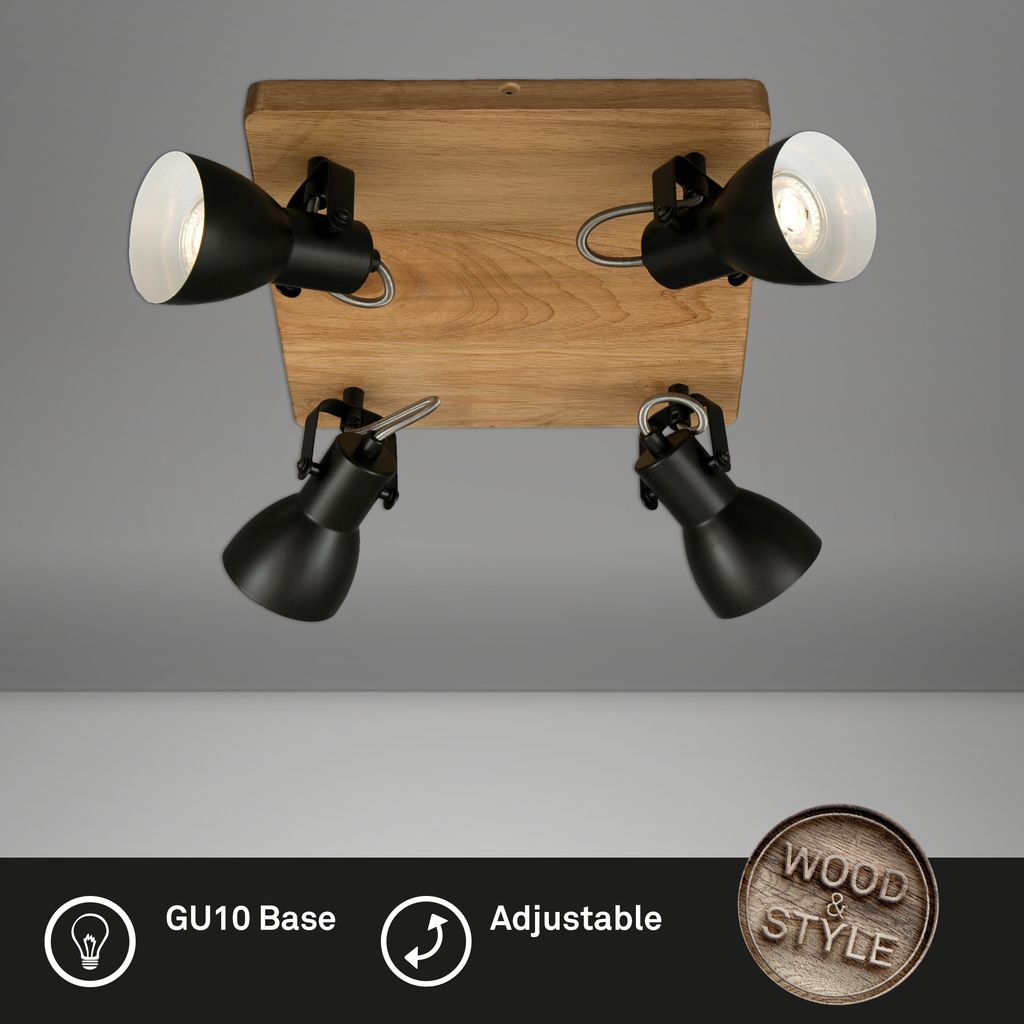 Plafonnier Spot BRILONER LEUCHTEN ARBO, 35 W, IP20, noir, bois-métal, incl., 4x GU10, 28 x 28 x 13,5 cm - 3