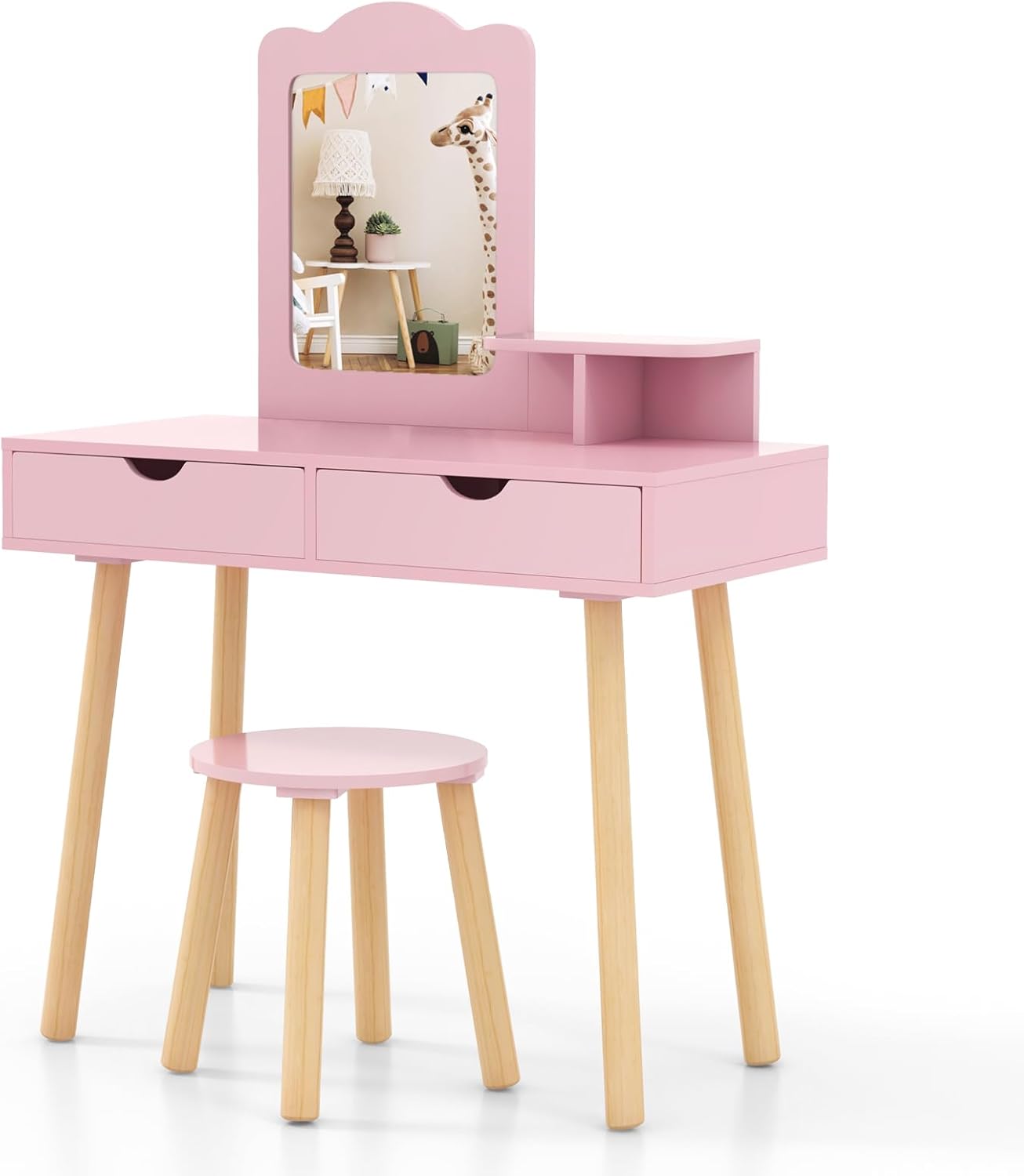 Coiffeuse & Bureau 2 En 1 Pour Enfant Avec Miroir - Costway, Meuble à Monter, Style Romantique