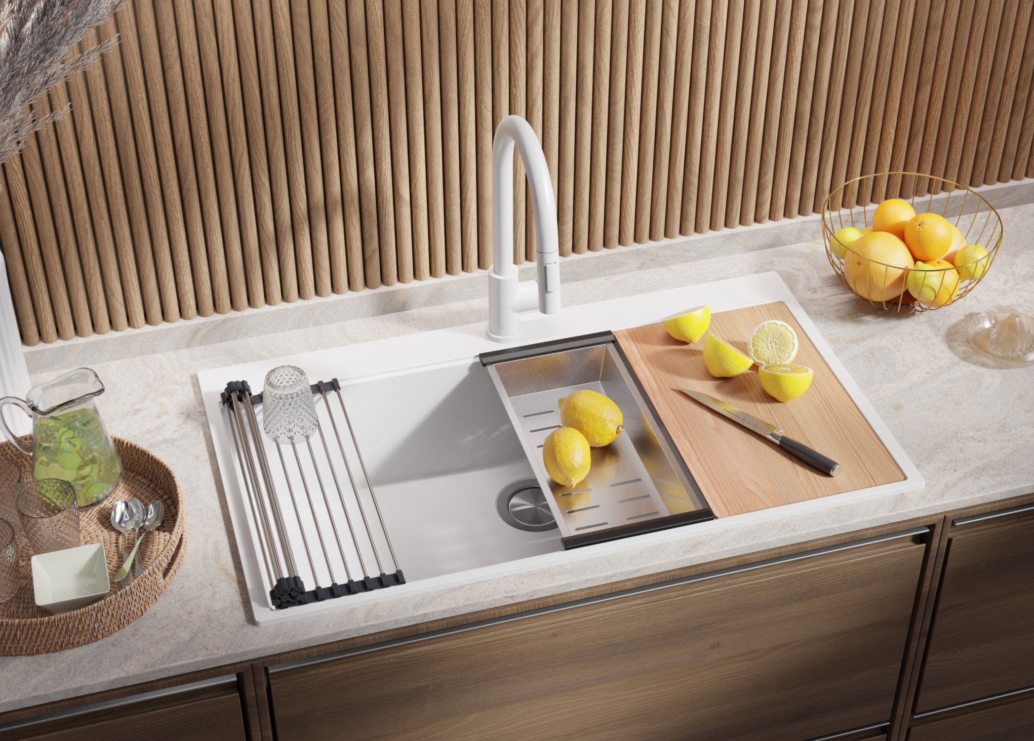 Lavello da Cucina Bianco 88x50cm, Lavandino in Granito a 1 vasca + Sifone Classico + Accessori, Lavabo da Cucina Incasso al mobile 90cm PRIMAGRAN - 2