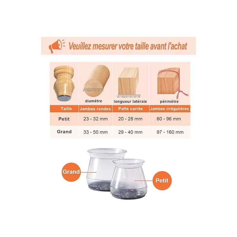 32 pièces Protection Pied de Chaise Silicone,Taille: Petit (Fit 23 - 32 mm) , Petit Patin de Chaise, Protections de Sol en Silicone Transparent - 3