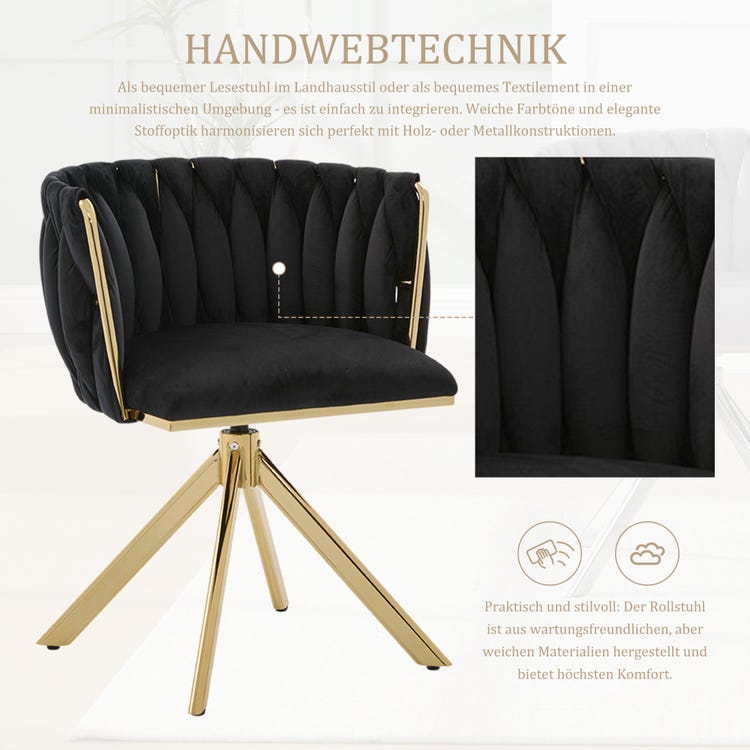 Fauteuil velours (lot de 2) : structure métallique robuste, pivot 180°, ergonomique, luxueux. Salon/boudoir/espace de travail créatif. - 5