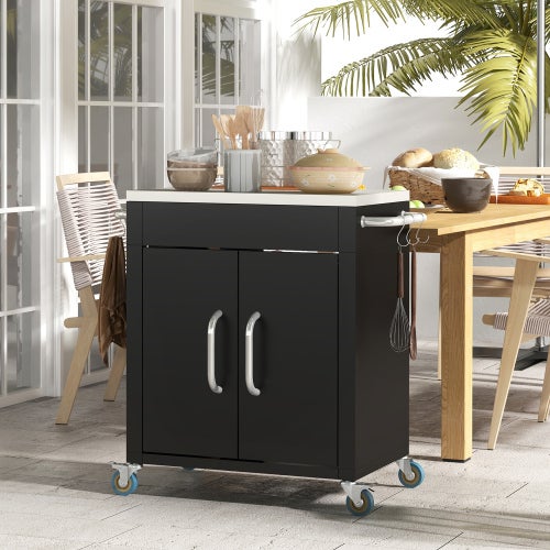 Carrito de cocina negro con ruedas, armario y ganchos, superficie acero inoxidable, 86x50x86,5 cm