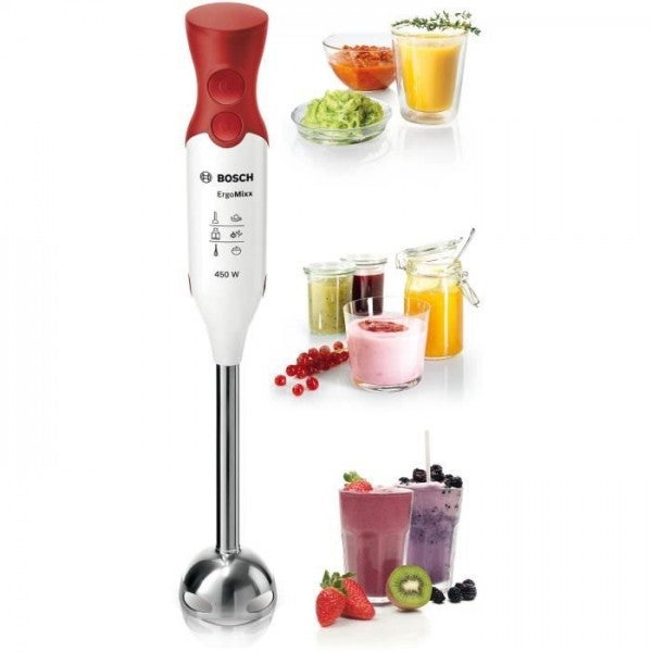 Mixeur Electrique plongeant BOSCH ErgoMixx MSM64110 - 450W - Pied inox - 4 lames aiguisées - 2 vitesses - Bol gradué 600ml - blanc/rouge - 5