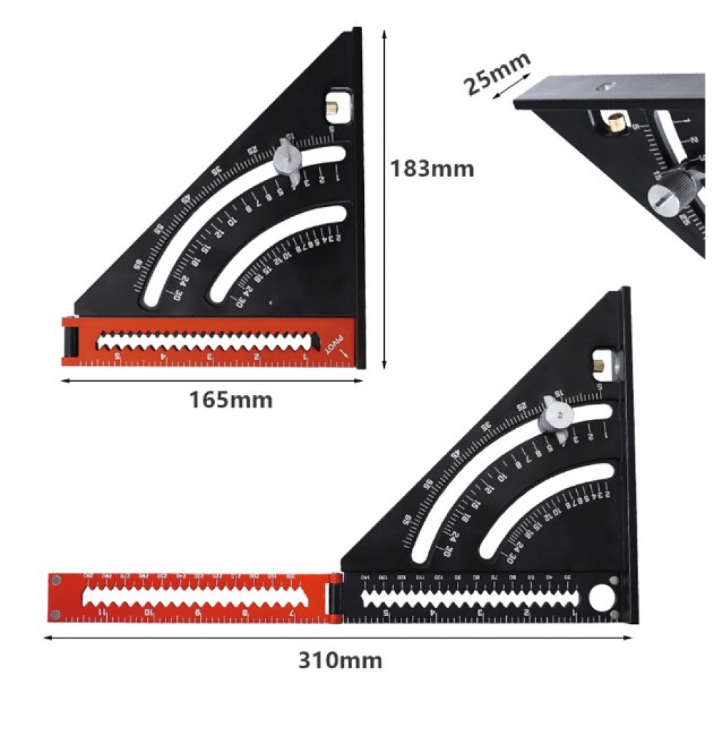 Pré Equerre Menuisier Metal Aluminium Règle de Triangle Pliante Équerre Combinée 310mm Multifonction Équerre Triangle Règle d'Angle Rapporteur - 2