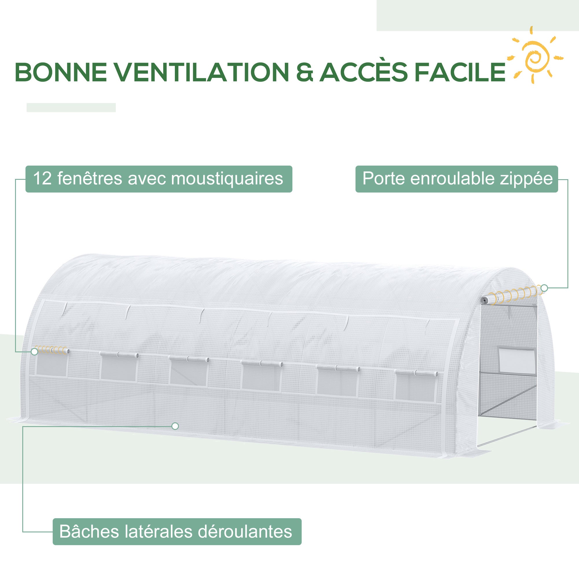 Serre de jardin 18m² 6x3x2m, portes et parois zippées, 12 fenêtres, PE 140g/m² anti-UV, acier, blanc, pour potager - 7
