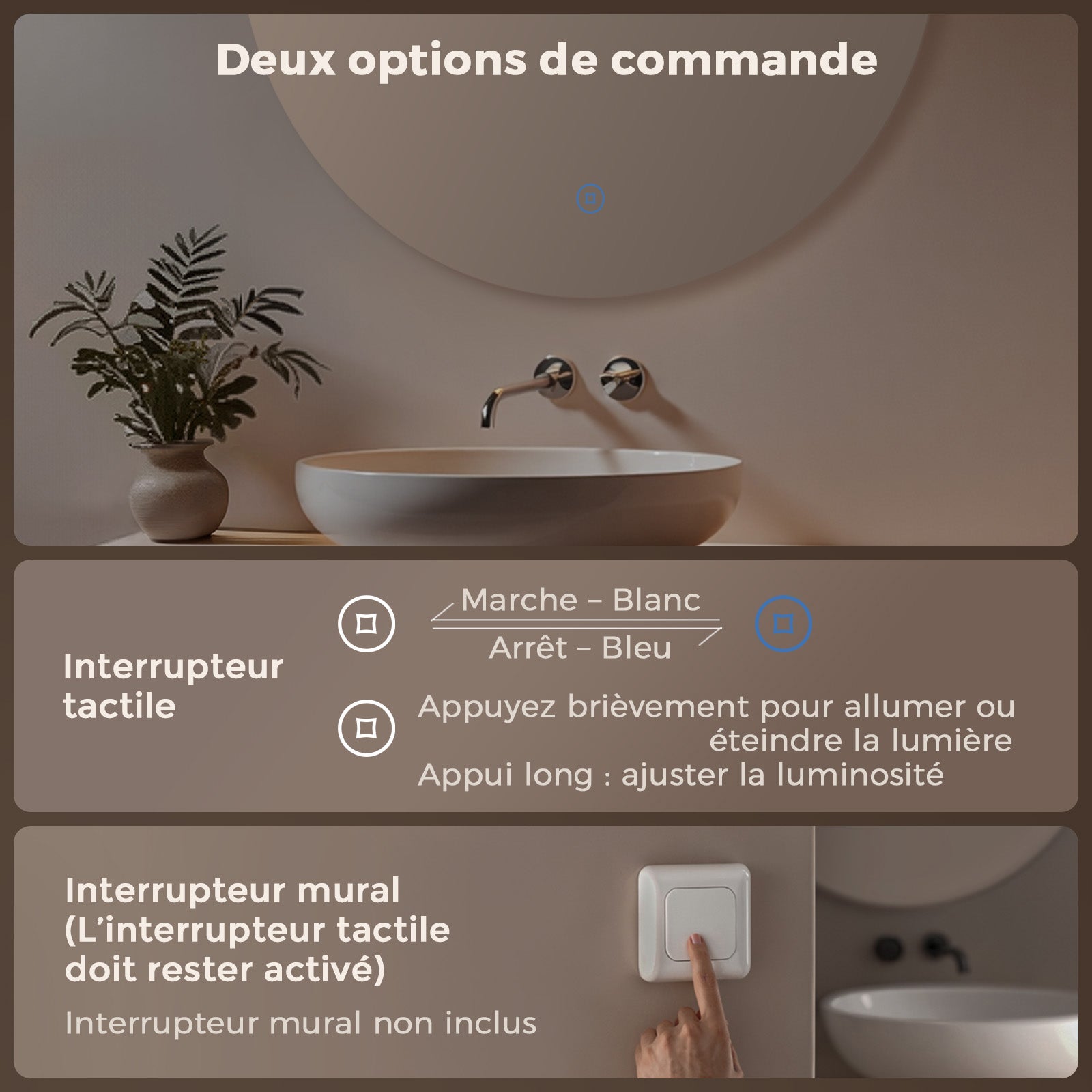 S'AFIELINA Miroir salle de bain miroir lumineux Rond Miroir Mural avec Interrupteur Tactile Blanc Froid 6500K 70cm - 4