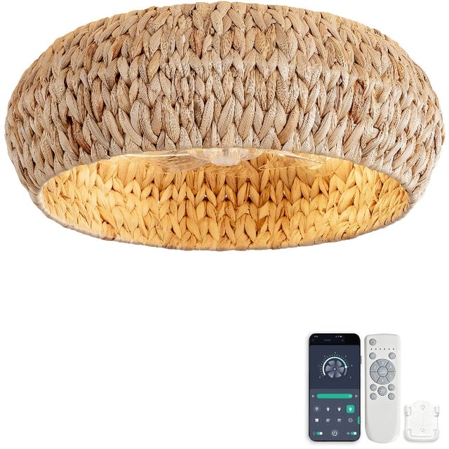 Ventilador de teto com luz, rattan entrançado, pás ABS, E26, App e controlo remoto, 6 velocidades, 48,3 cm, cobre