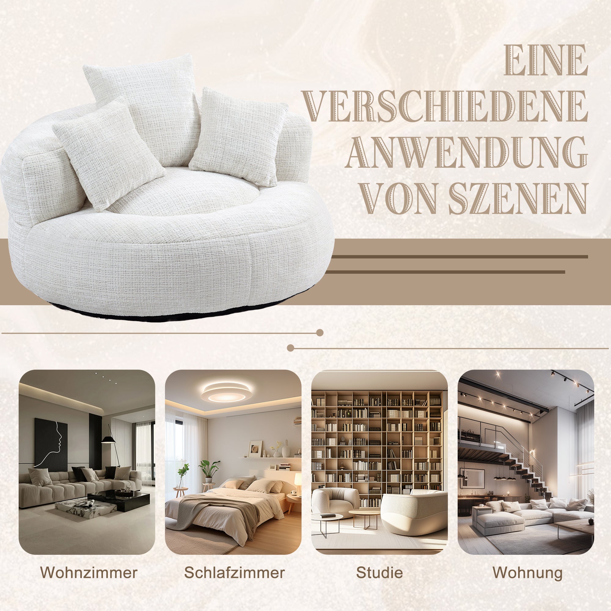 Poltrona Lazy Sofa com três almofadas, assento confortável com encosto alto, para adultos e crianças, interior/exterior, chenille bege - 5