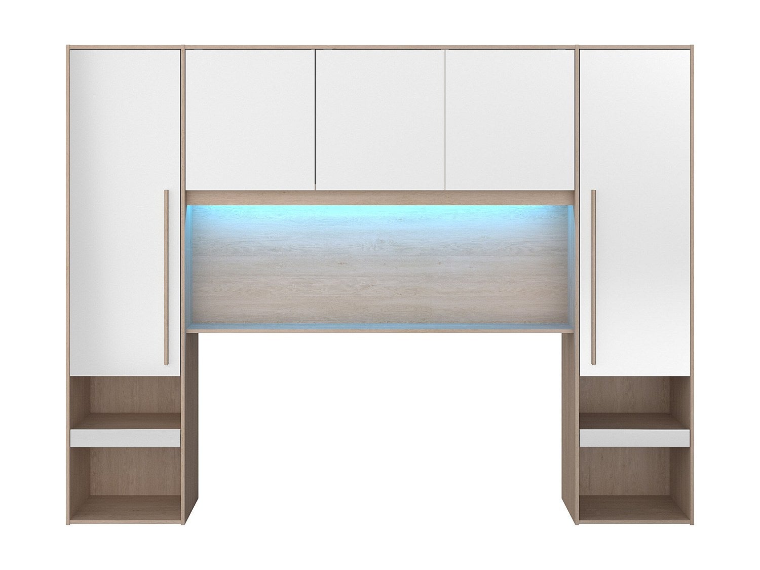 Pont de lit avec rangements - Avec LEDs - L265 cm - Coloris : Blanc brillant et naturel - VELONA - 4