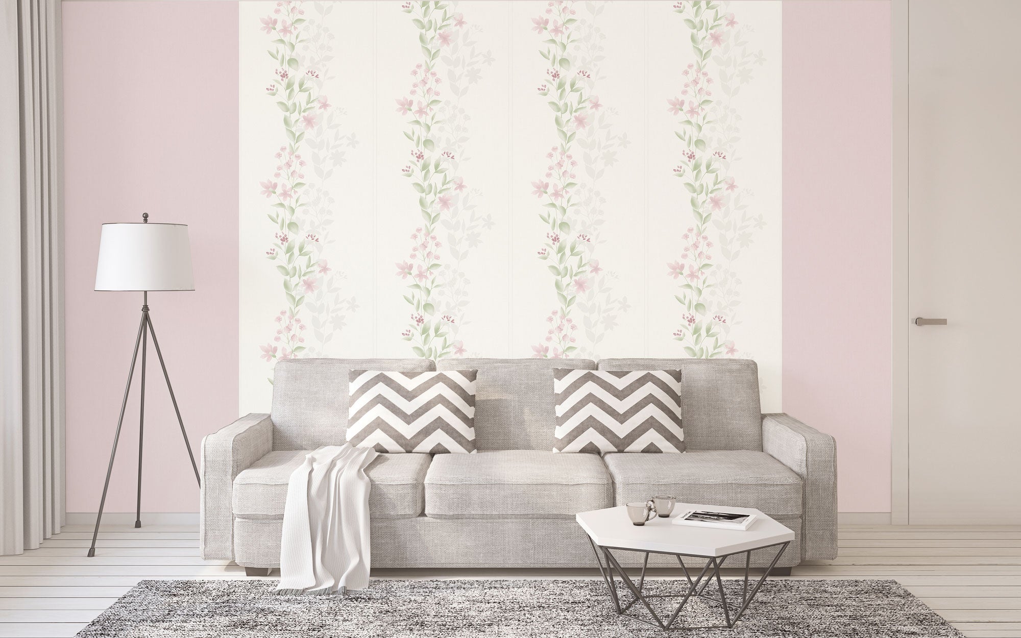 Papel pintado verde, rosa, rojo y gris Papel pintado flores y hojas para interior elegante Papel pintado vinílico con estampado floral - 4
