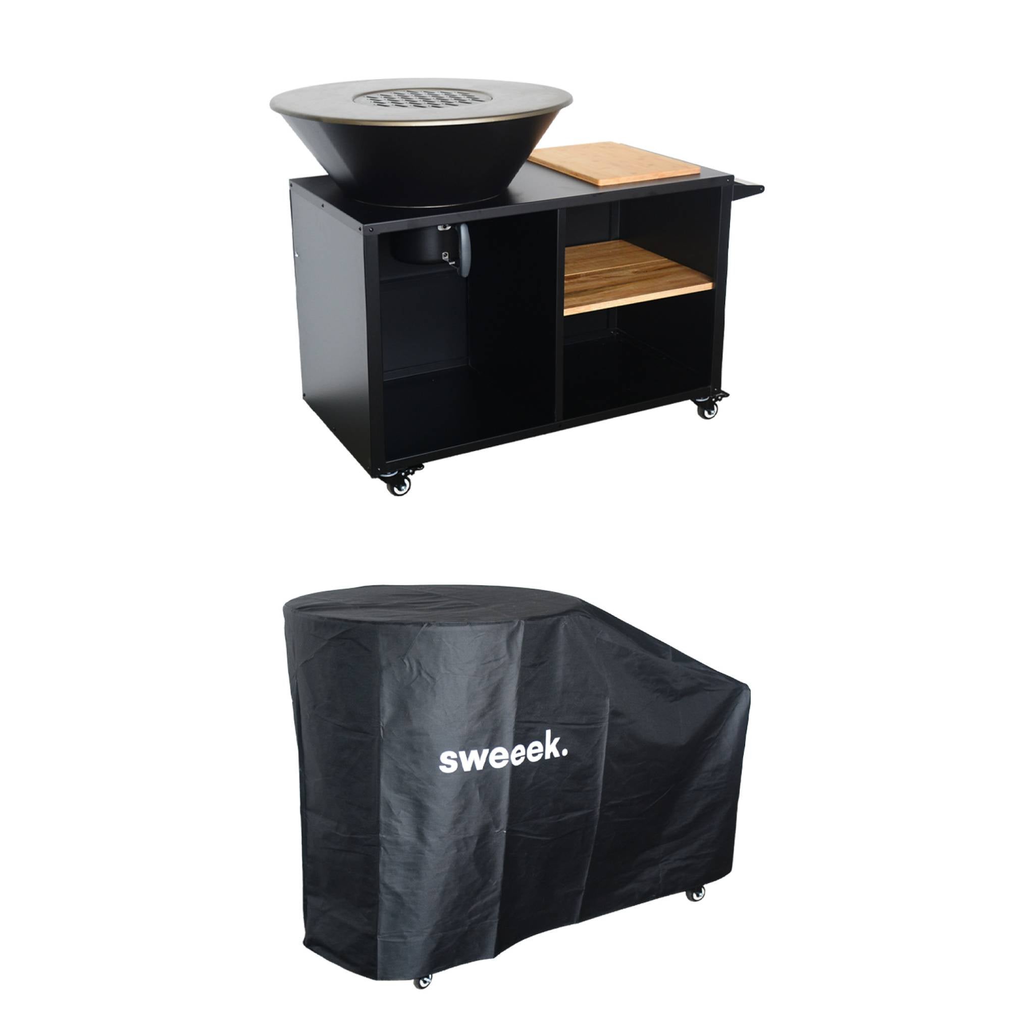 Brasero barbacoa de 80cm con mesa de servicio, almacenamiento y funda negro - 138x82x114 cm