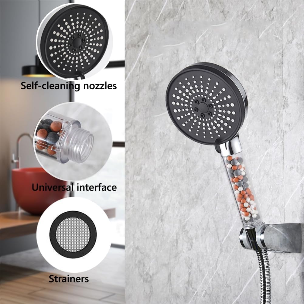 Pommeau de douche avec filtre économiseur d'eau, pommeau de douche anticalcaire haute pression, 5 types de jet, noir - 5