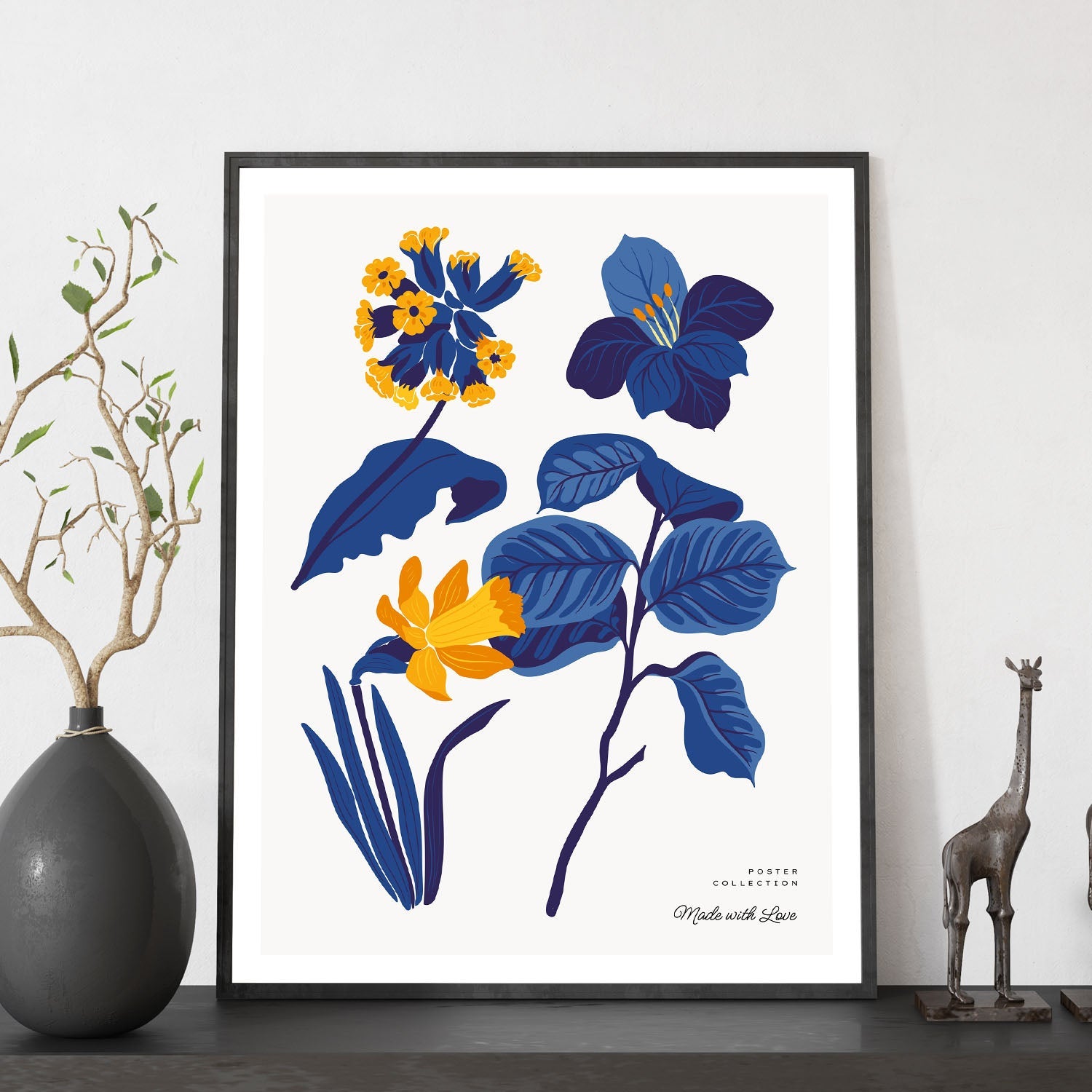 Póster pop art abstracto. flores amarillas hojas azules ilustraciones artísticas modernas para la decoración de interiores. marco madera clara a3