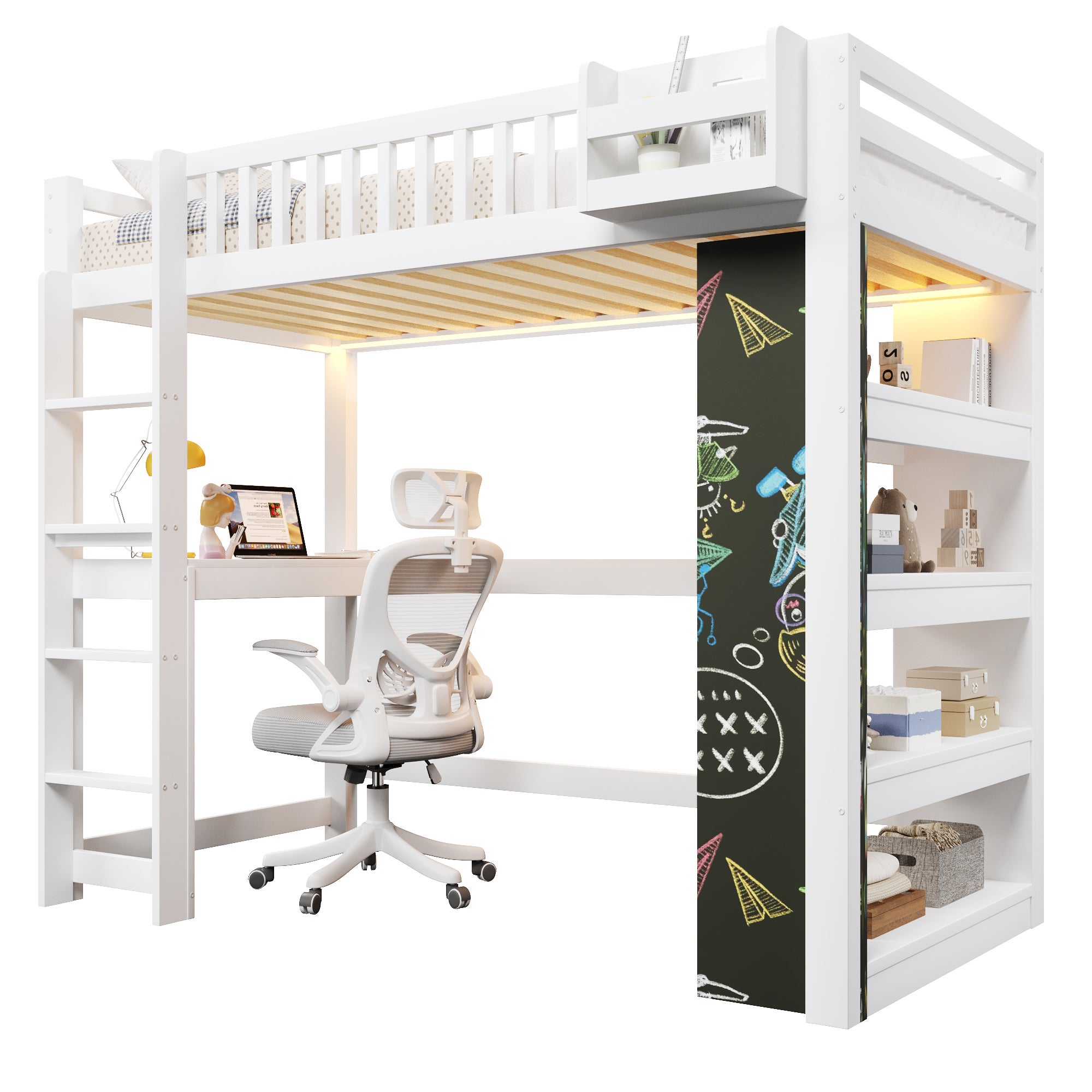 Lit mezzanine enfant avec bureau et rangements,Lit multifonction avec tableau noir + étagère + éclairage LED,sommier en pin, 90x200 cm - blanc - 7