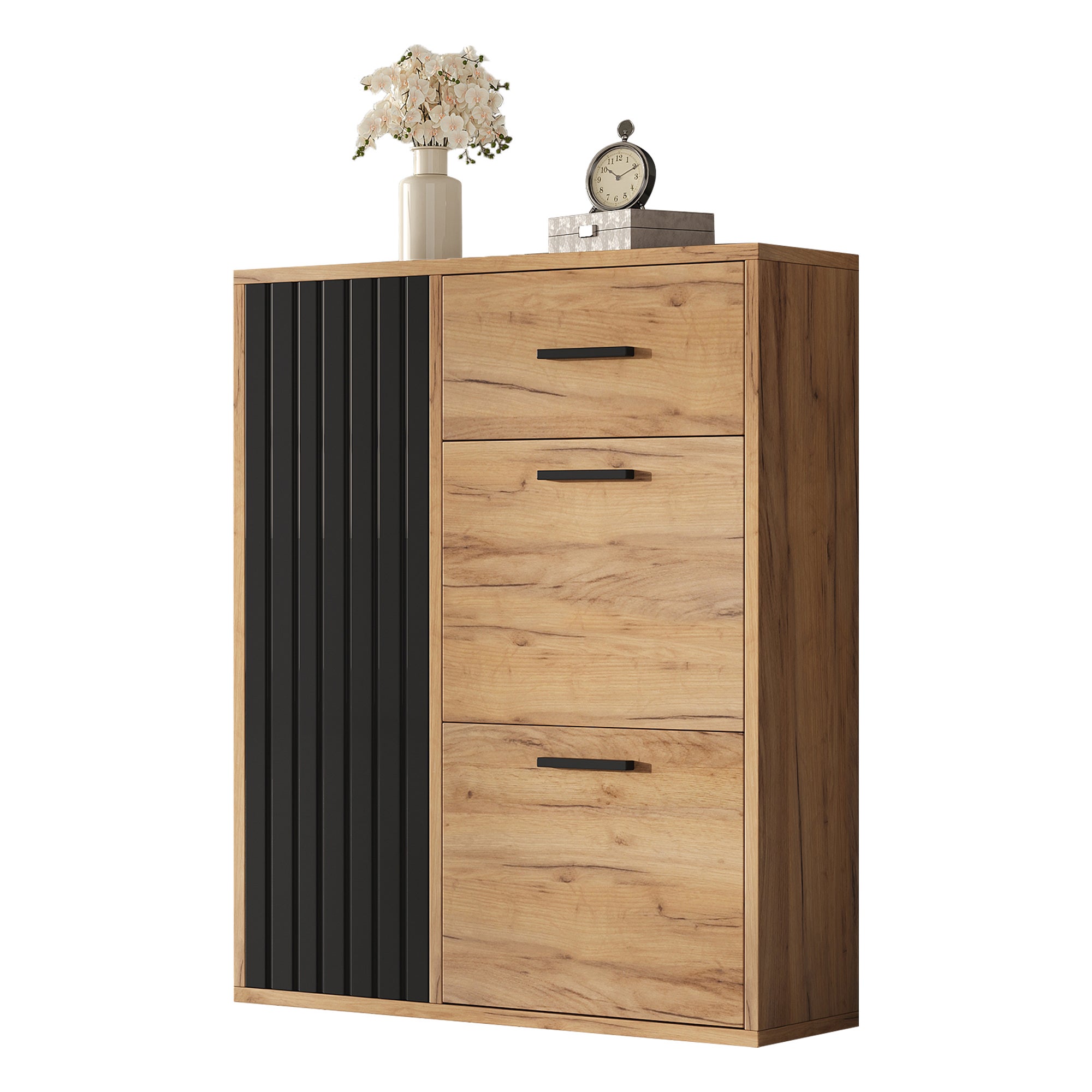 Scarpiera con 3 ante e 1 cassetto - 80 x 24 x 95,5 cm - Truciolato - Naturale + nero - 9