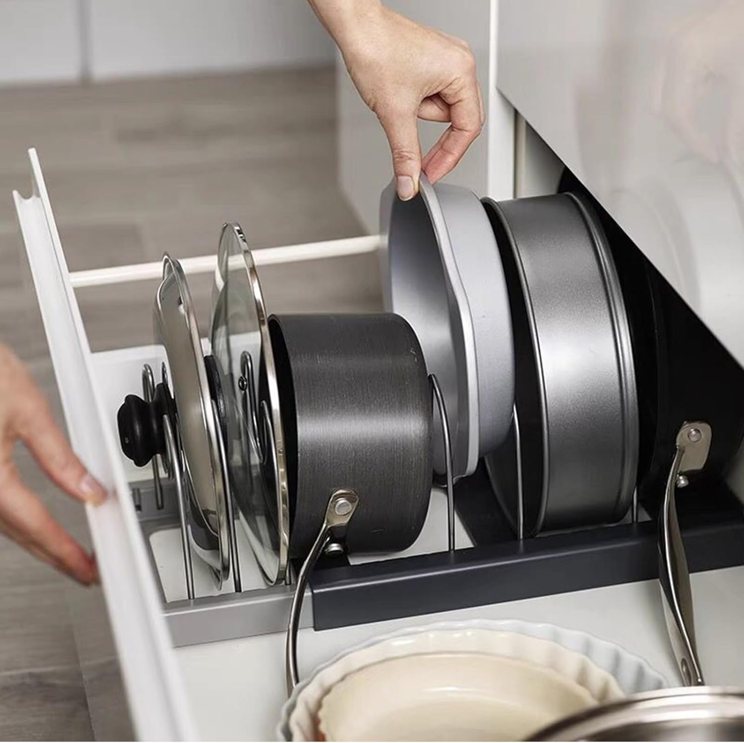 Soportes ajustables para tapas de ollas para cajones, organizador de tapas de cocina, expandible, perfecto para sartenes - 5