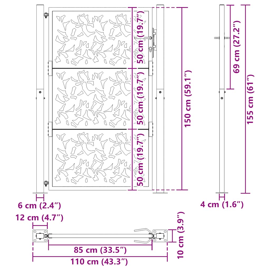 vidaXL Portail de jardin noir 100x150 cm en acier avec motif feuille - 8