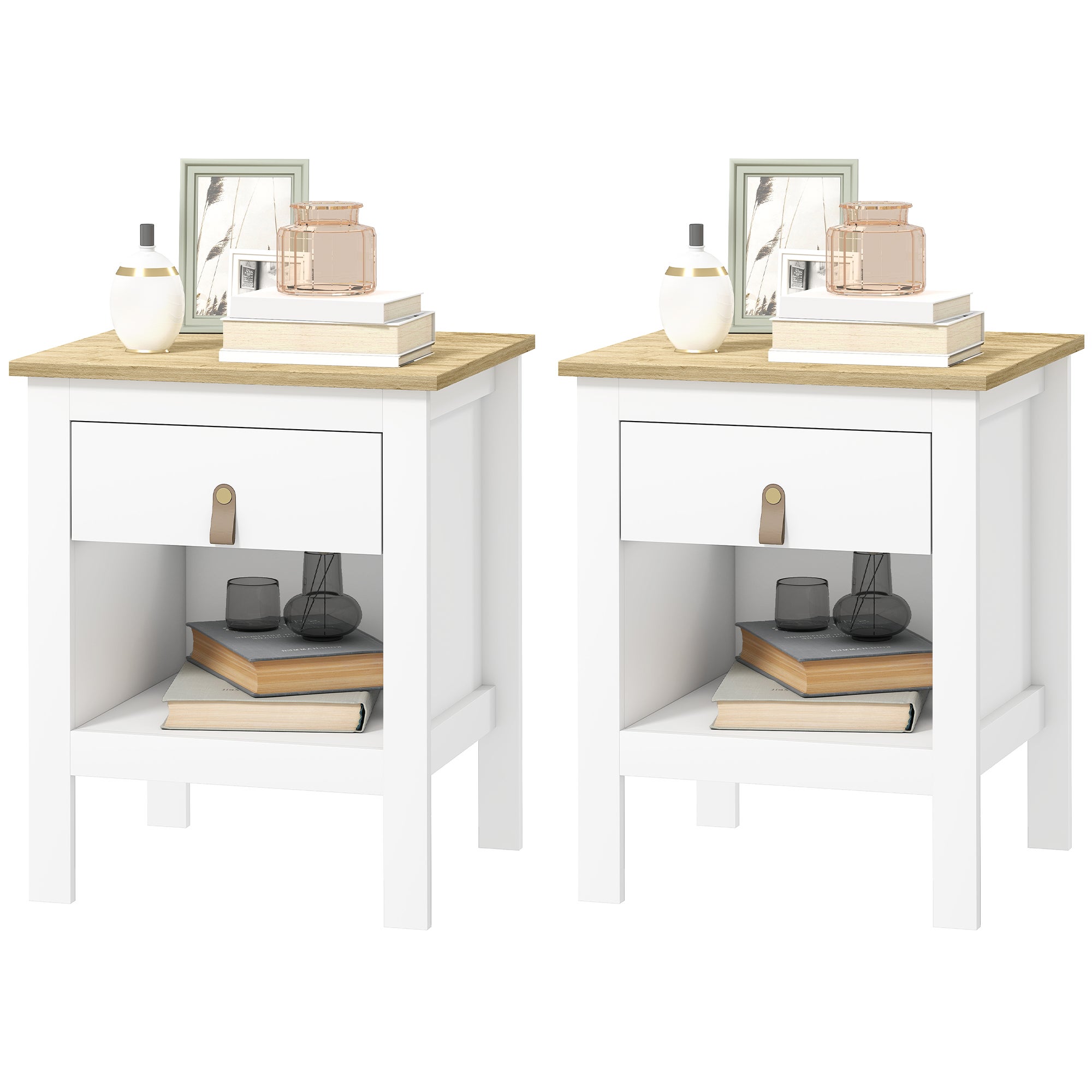 HOMCOM Set 2 Comodini Moderni con Cassetto e Ripiano Bianco e Oro