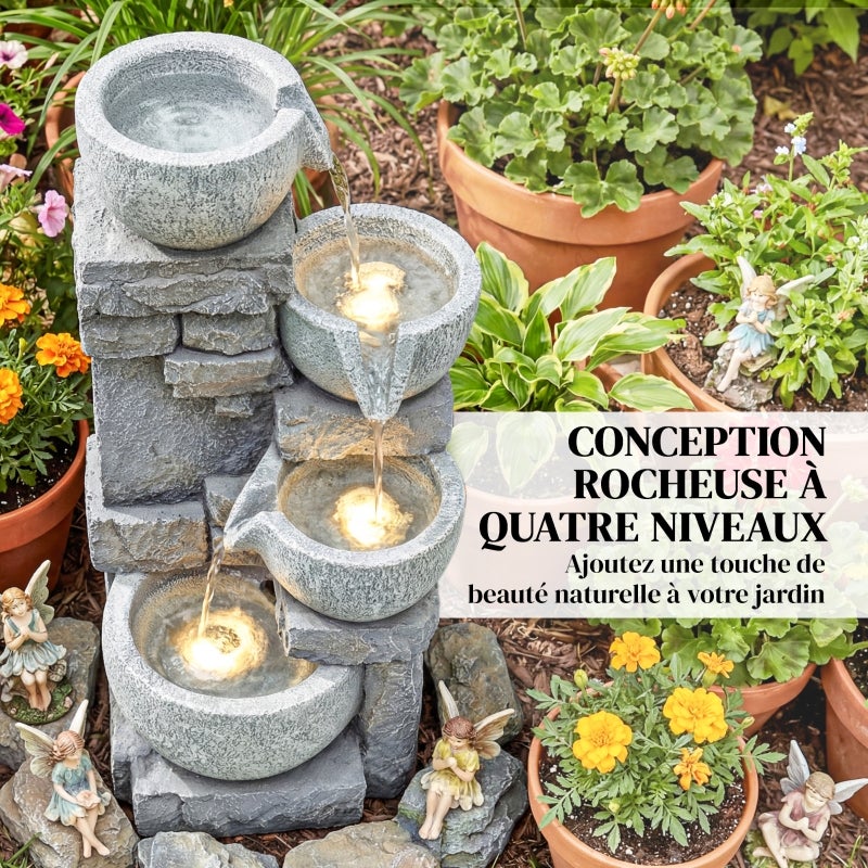 Fontaine de Jardin Cascade 4 Niveaux Effet Pierre et Brique avec LED 28 x 25 x 54,5 cm Gris - 6